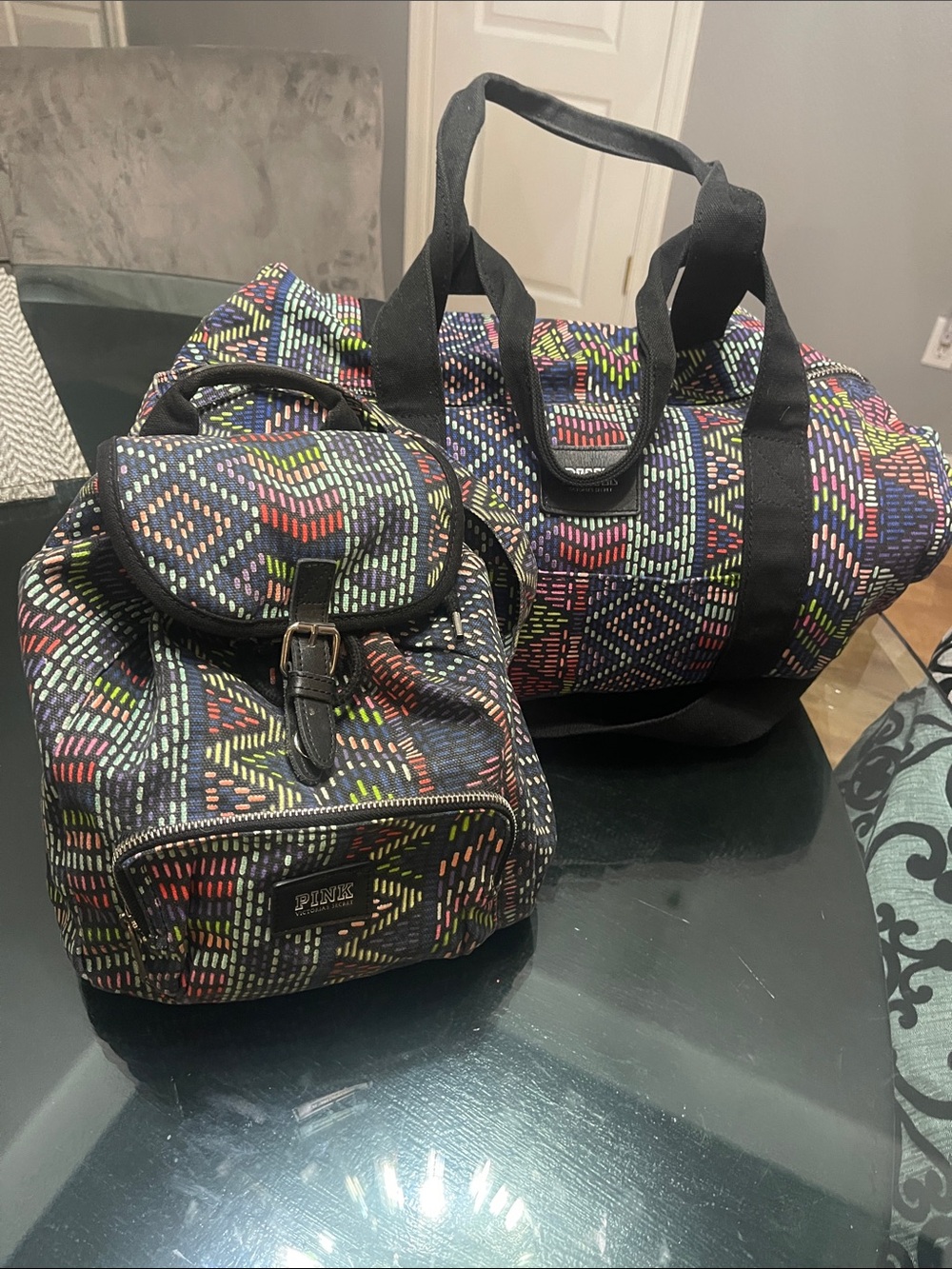 PINK Multicolor Patterned Duffel Bag + Backpack Set